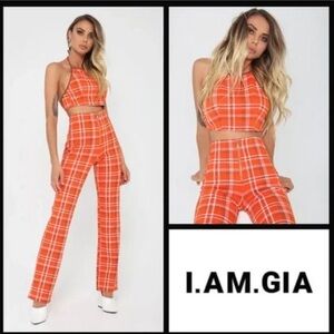 I.AM.GIA Orange Plaid Straight Leg Jumpsuit